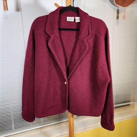 Vintage Club Classics $110 Large Burgundy 100% Wool Collared Button Knit Blazer - Picture 1 of 8